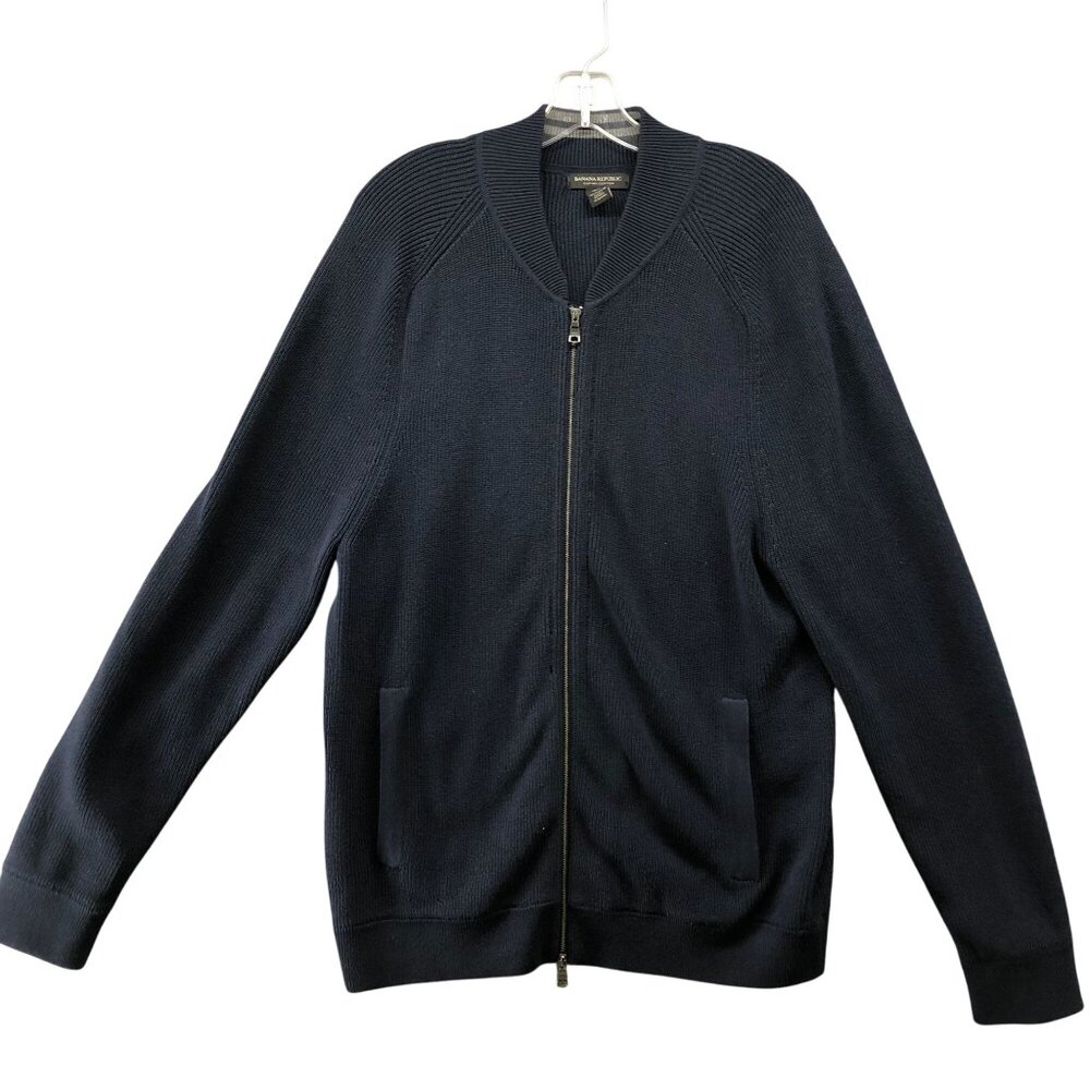 Banana Republic Full Zip Sweater Mens L Navy Blue Ribbed Band Collar Supima